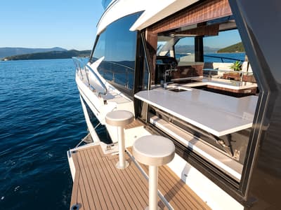 Deck of Champ Atlantis, a Galeon 500 Fly yacht at Grad Kaštela, Croatia