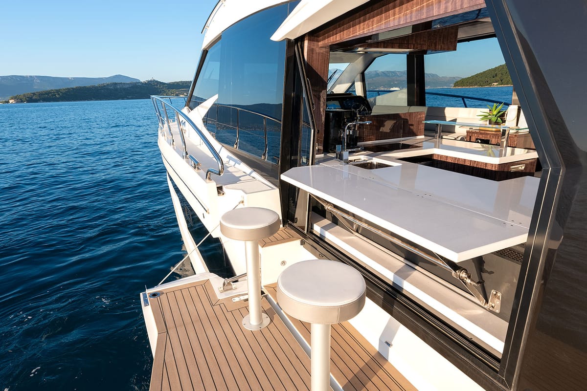Deck of Champ Atlantis, a Galeon 500 Fly yacht at Grad Kaštela, Croatia