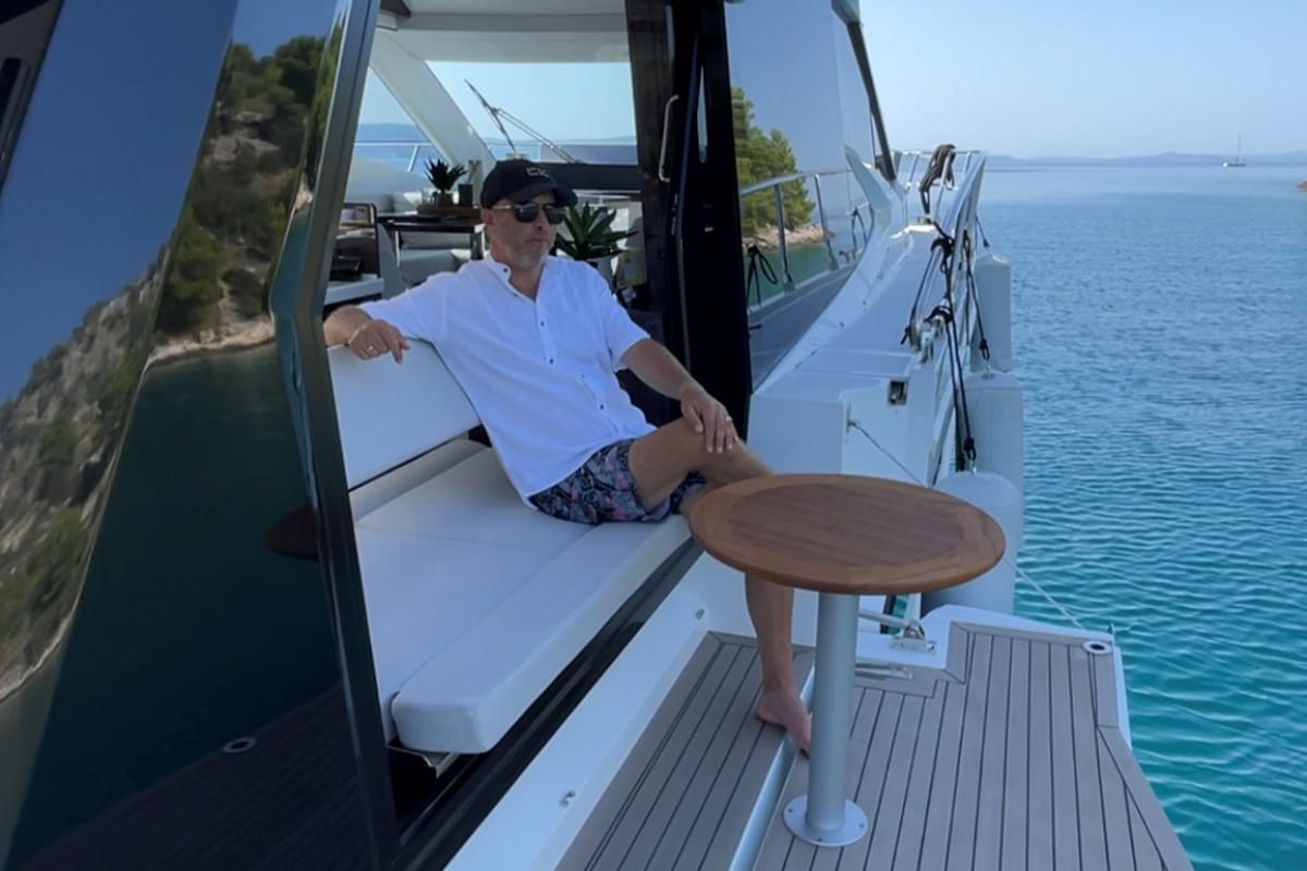 Deck of Champ Atlantis, a Galeon 500 Fly yacht at Grad Kaštela, Croatia