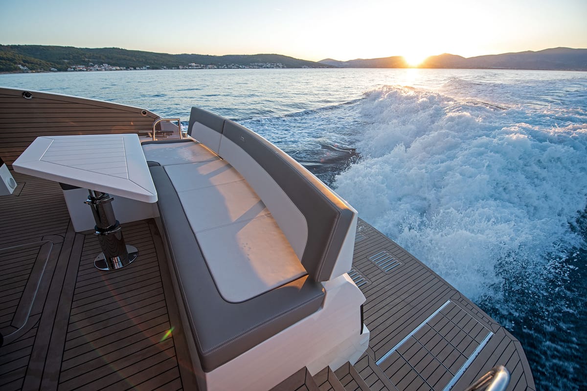 Deck of Champ Atlantis, a Galeon 500 Fly yacht at Grad Kaštela, Croatia