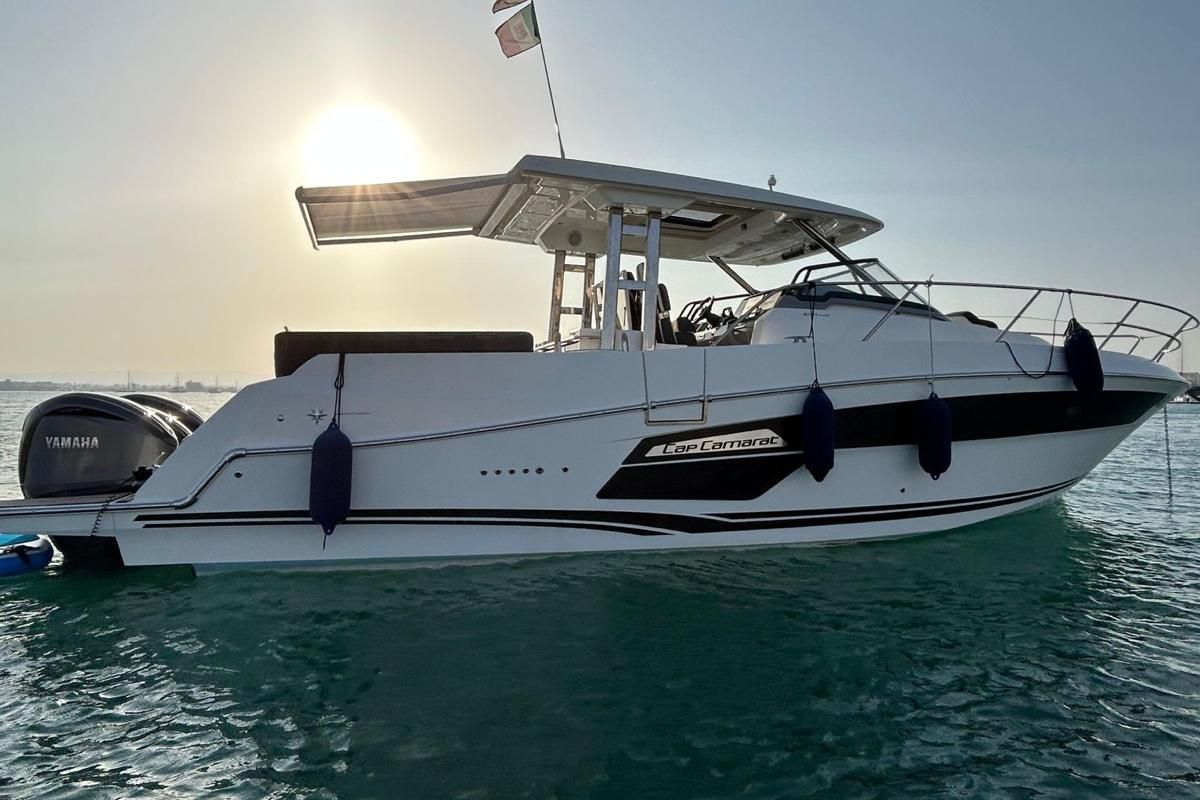 Exterior view of Ansimaste, a Jeanneau Cap Camarat 12.5 motorboat at Syracuse, Italy