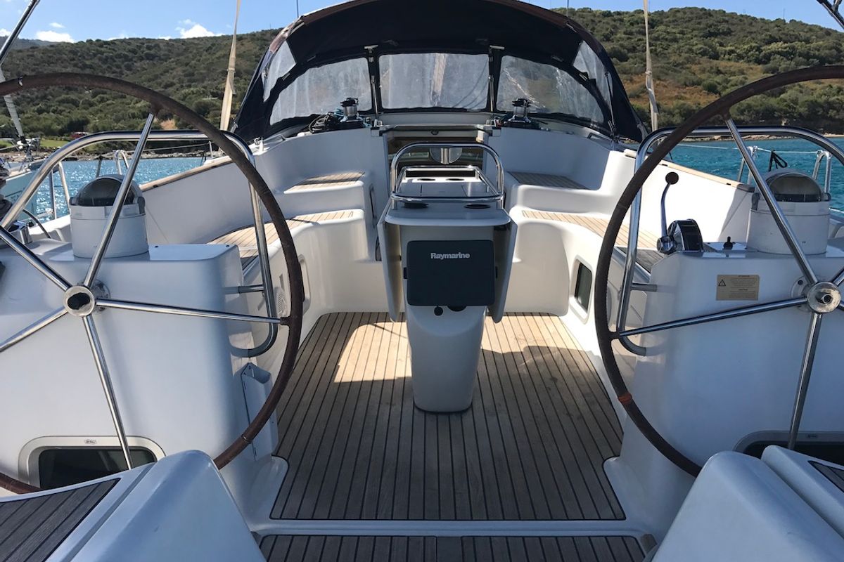 Cockpit of Cassiopea II, a Jeanneau Sun Odyssey 54DS sailboat at Olbia, Italy