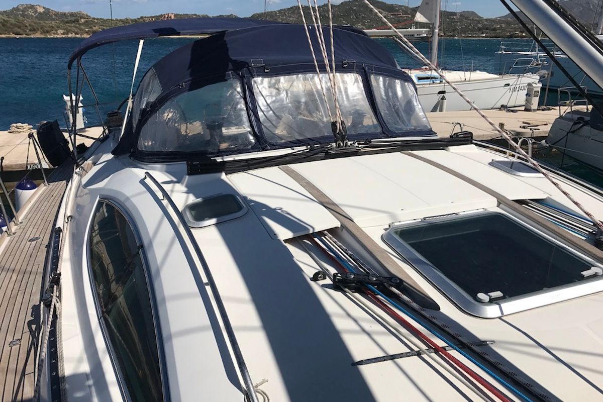 Deck of Cassiopea II, a Jeanneau Sun Odyssey 54DS sailboat at Olbia, Italy
