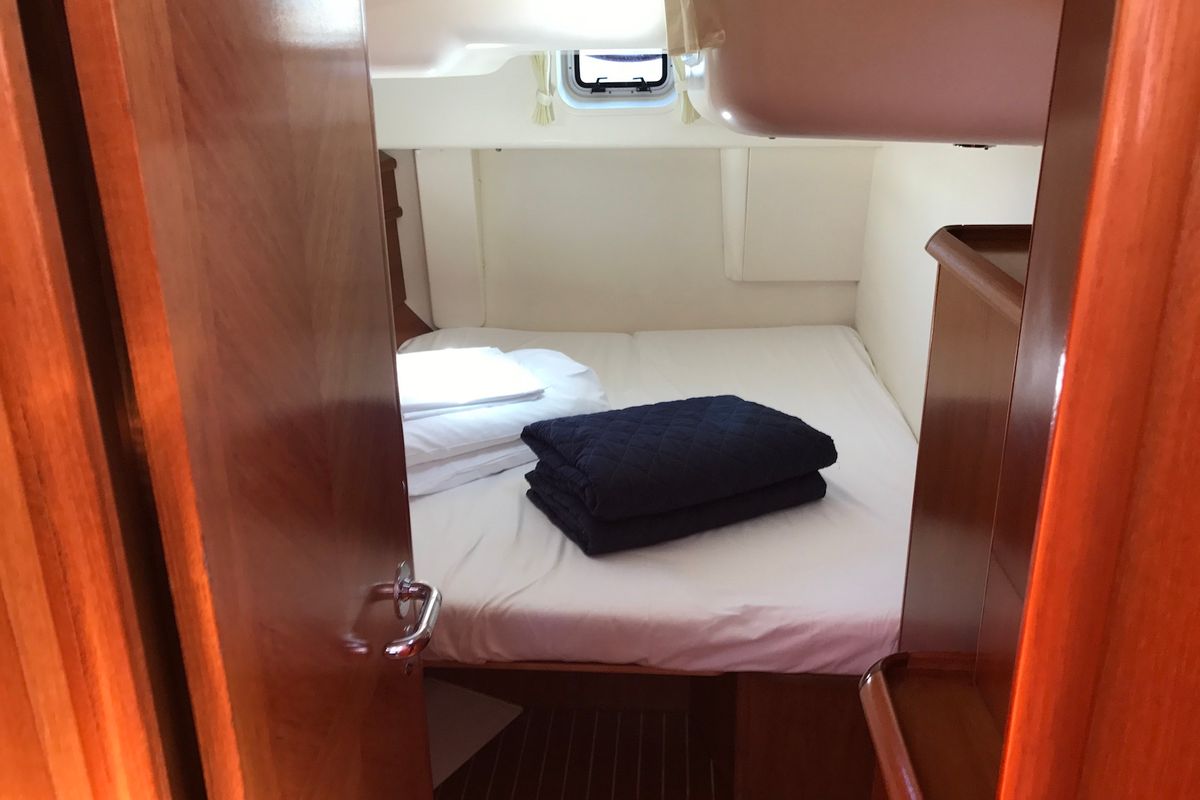 Cabin on Cassiopea II, a Jeanneau Sun Odyssey 54DS sailboat at Olbia, Italy