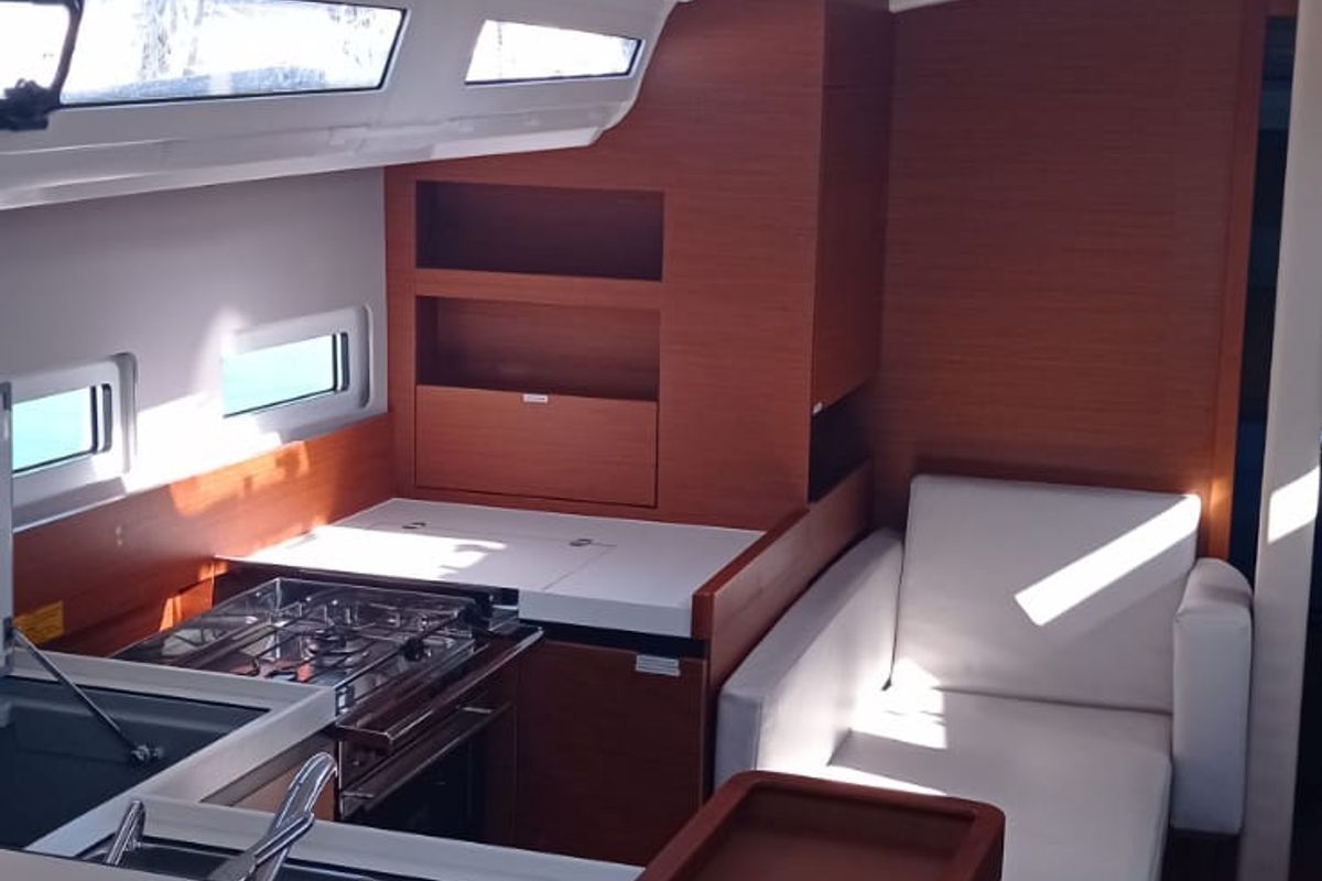 Galley of Verdejo, a Jeanneau Sun Odyssey 410 sailboat at es Jonquet, Spain