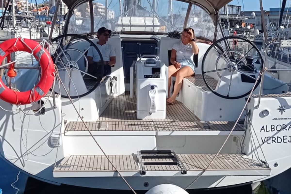 Cockpit of Verdejo, a Jeanneau Sun Odyssey 410 sailboat at es Jonquet, Spain