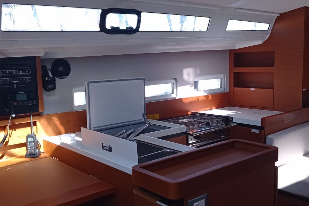Galley of Verdejo, a Jeanneau Sun Odyssey 410 sailboat at es Jonquet, Spain