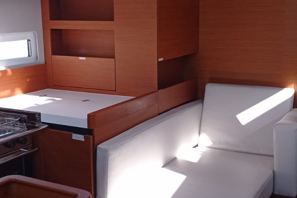 Galley of Verdejo, a Jeanneau Sun Odyssey 410 sailboat at es Jonquet, Spain