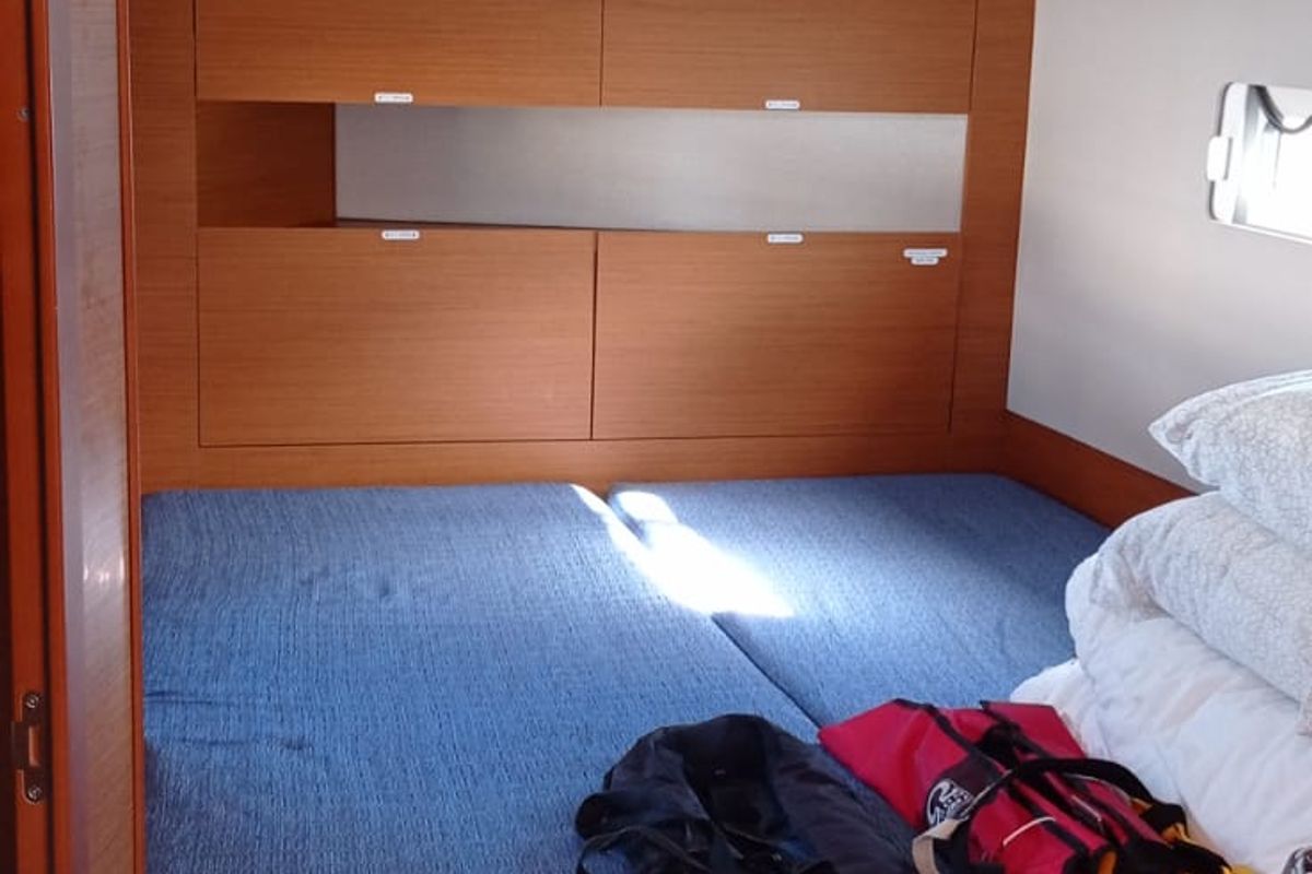 Cabin on Verdejo, a Jeanneau Sun Odyssey 410 sailboat at es Jonquet, Spain