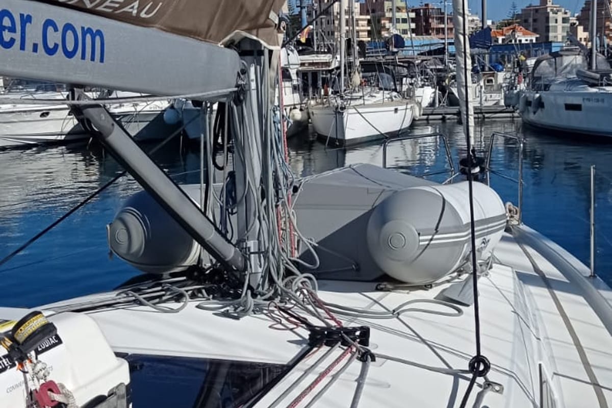 Deck of Verdejo, a Jeanneau Sun Odyssey 410 sailboat at es Jonquet, Spain