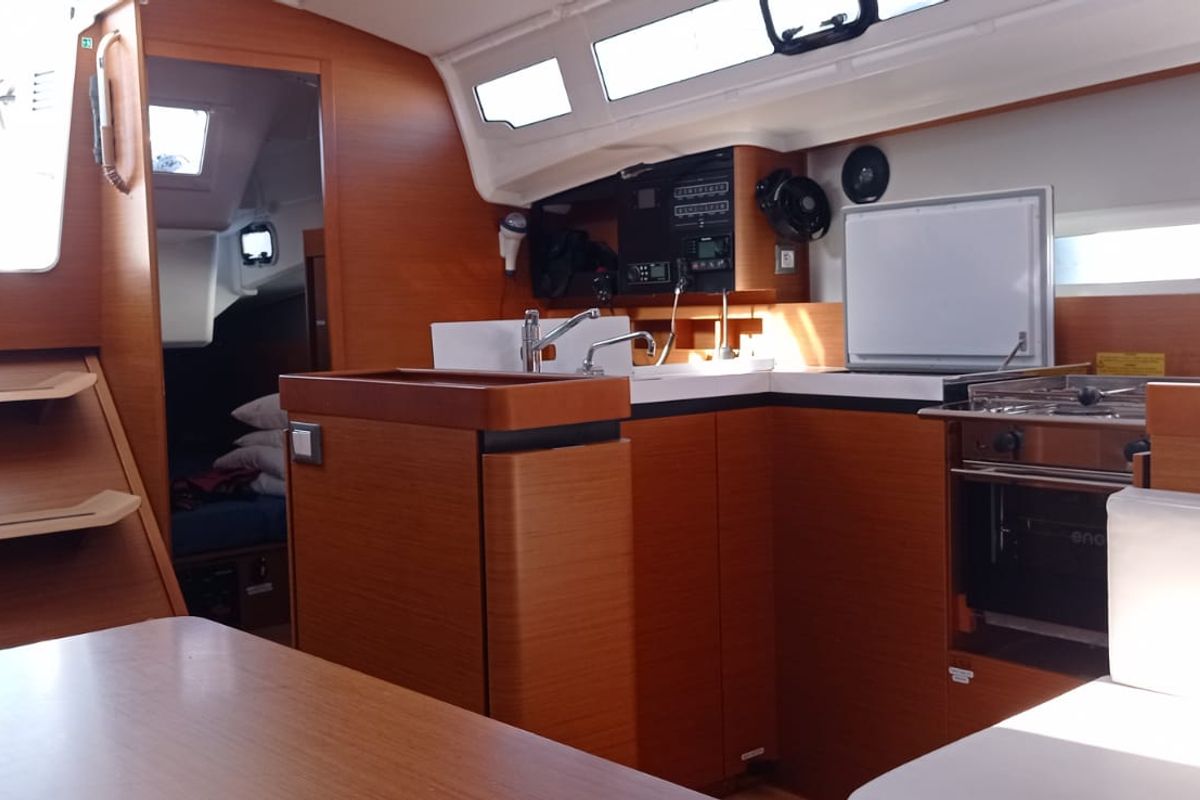 Galley of Verdejo, a Jeanneau Sun Odyssey 410 sailboat at es Jonquet, Spain