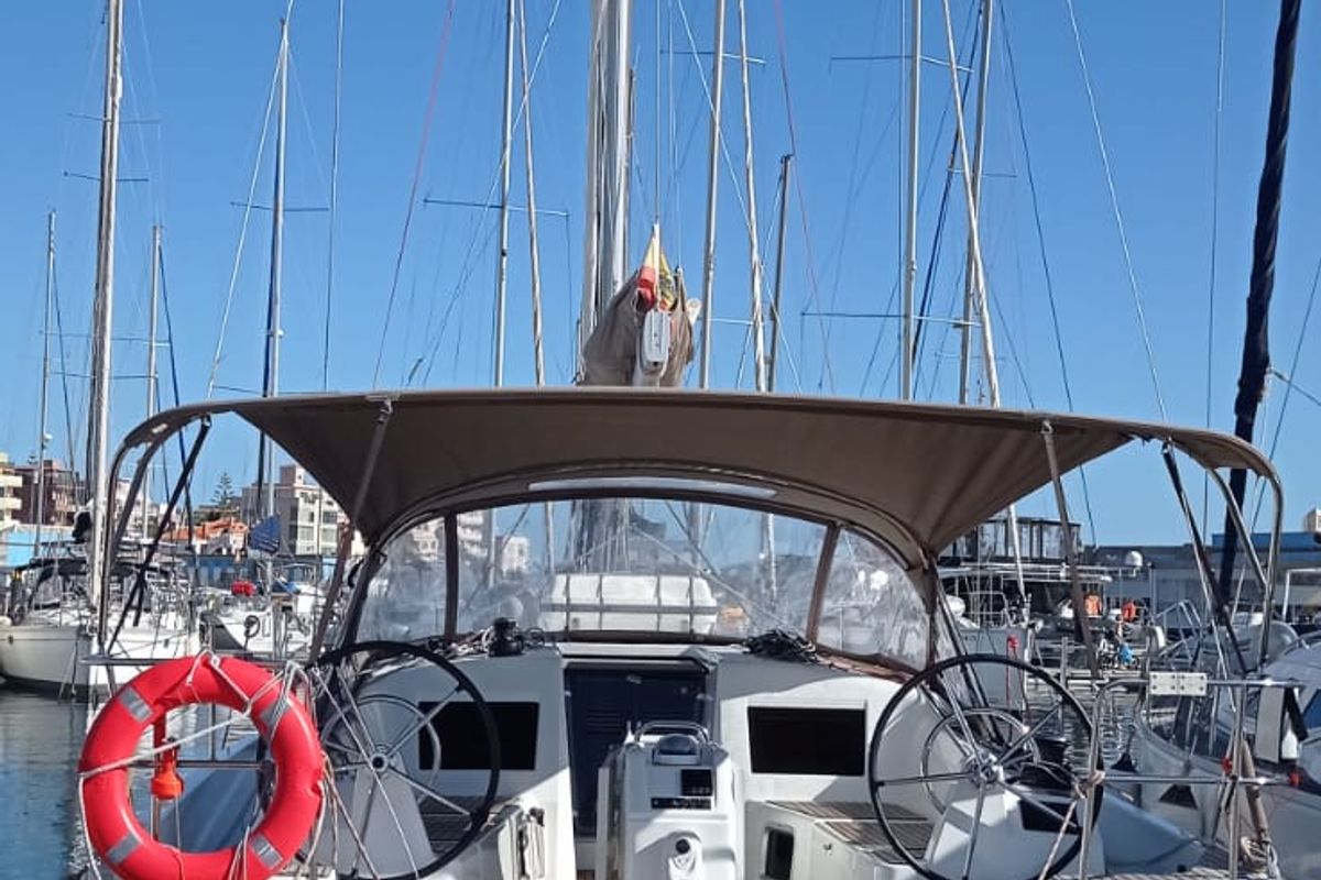 Cockpit of Verdejo, a Jeanneau Sun Odyssey 410 sailboat at es Jonquet, Spain
