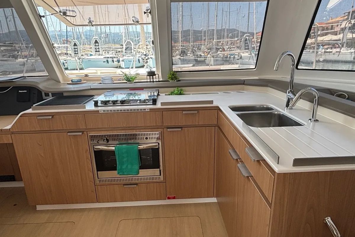 Galley of One Flirt, a Bali Catspace catamaran at Municipal Unit of Lefkada, Greece