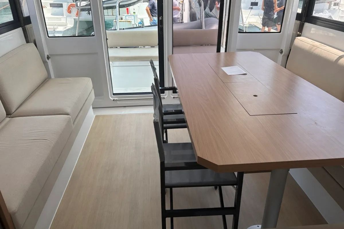 Salon of One Flirt, a Bali Catspace catamaran at Municipal Unit of Lefkada, Greece