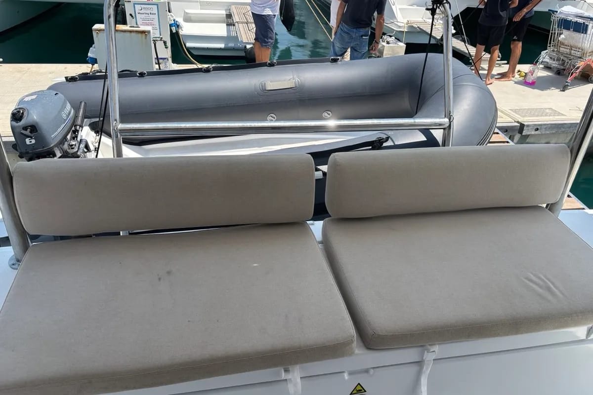Deck of One Flirt, a Bali Catspace catamaran at Municipal Unit of Lefkada, Greece