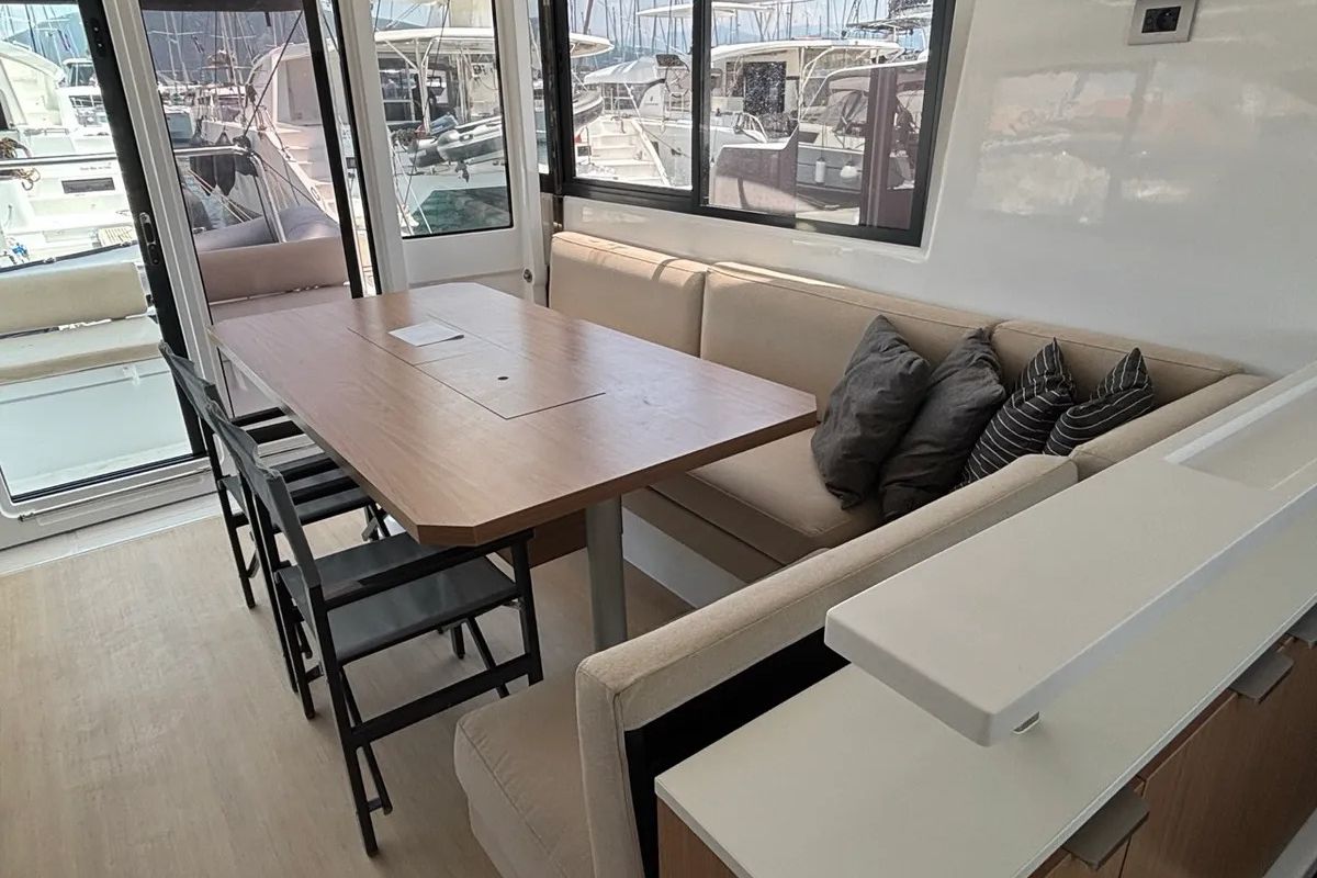 Salon of One Flirt, a Bali Catspace catamaran at Municipal Unit of Lefkada, Greece