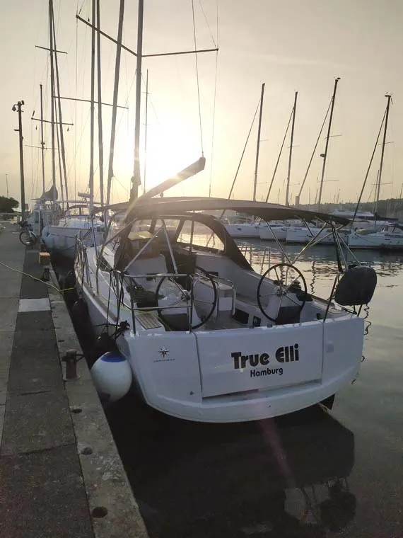 Exterior view of True Elli, a Jeanneau Sun Odyssey 349 sailboat at Grad Trogir, Croatia