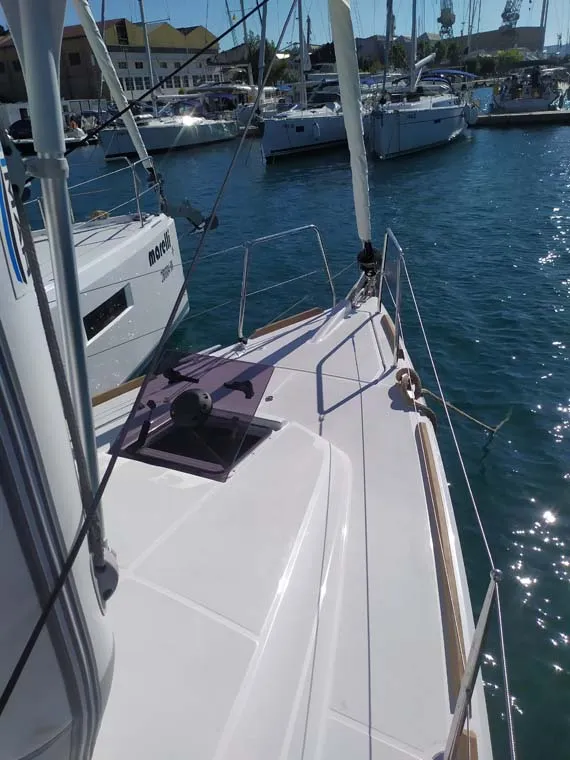 Deck of True Elli, a Jeanneau Sun Odyssey 349 sailboat at Grad Trogir, Croatia