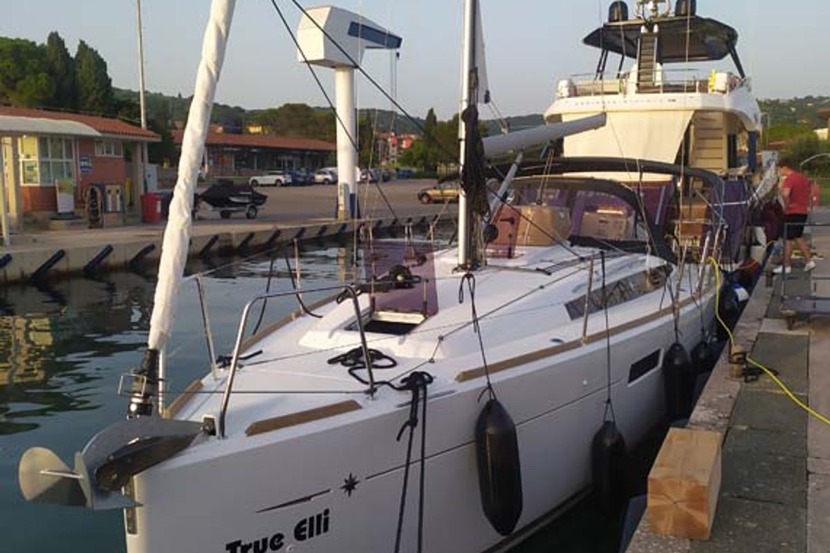Exterior view of True Elli, a Jeanneau Sun Odyssey 349 sailboat at Grad Trogir, Croatia