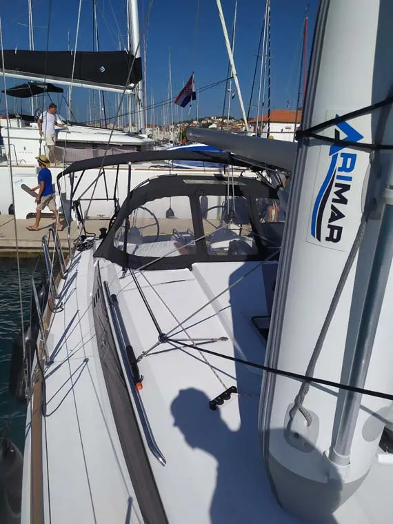 Exterior view of True Elli, a Jeanneau Sun Odyssey 349 sailboat at Grad Trogir, Croatia