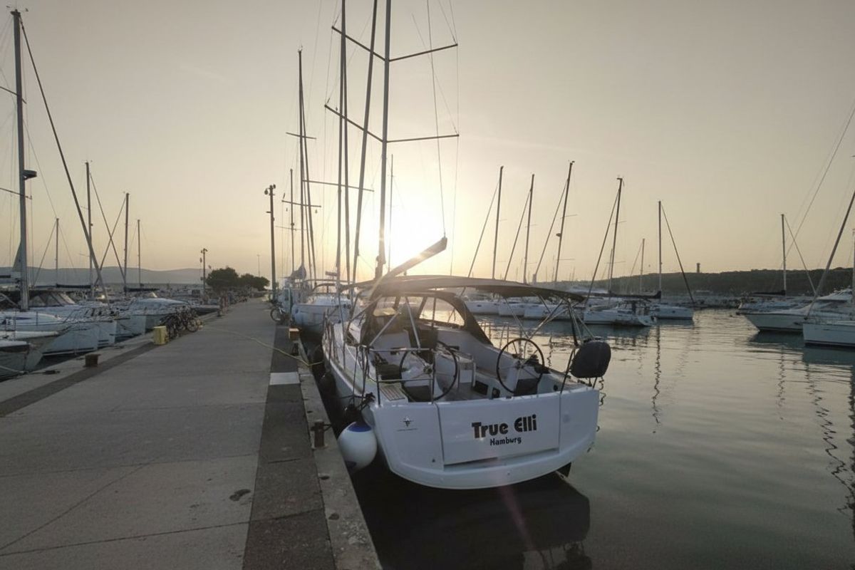 Exterior view of True Elli, a Jeanneau Sun Odyssey 349 sailboat at Grad Trogir, Croatia