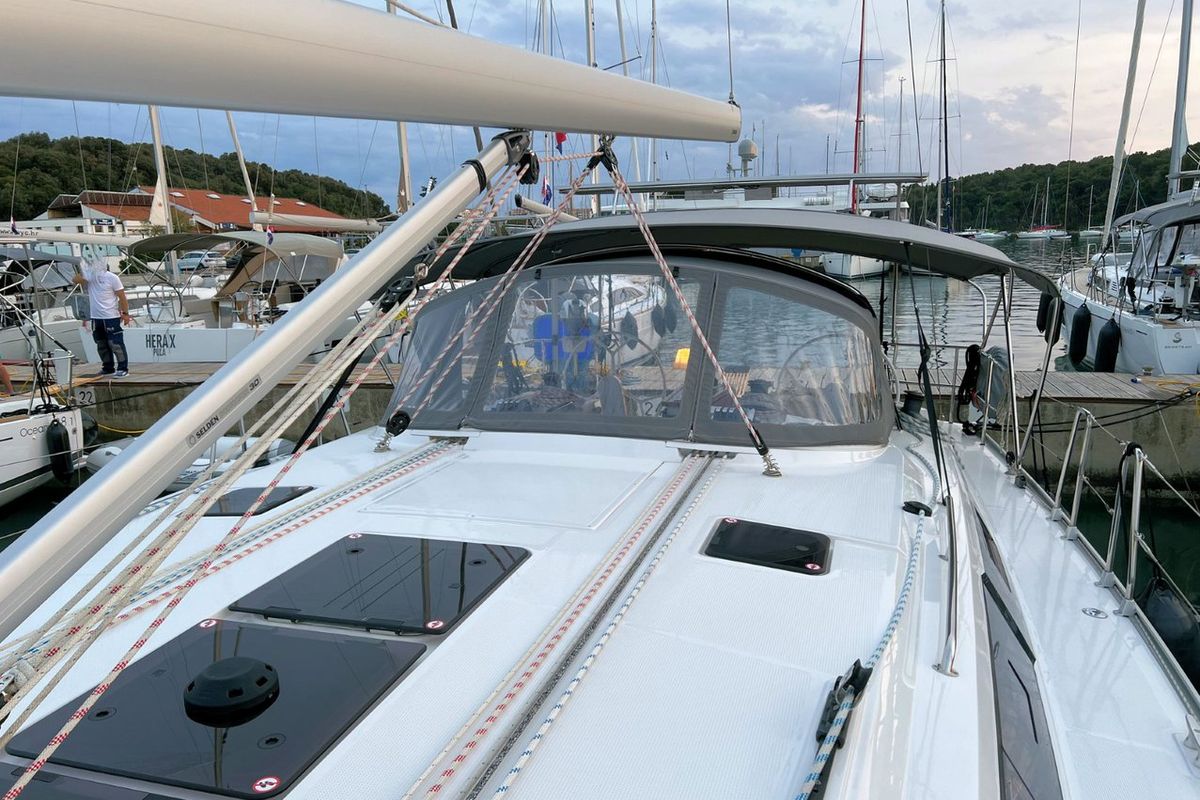 Deck of Panda IV, a Bavaria Cruiser 46 sailboat at Grad Pula, Croatia