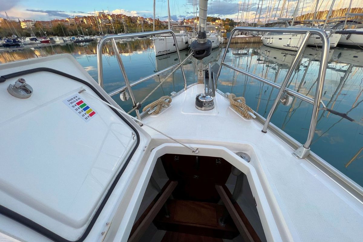 Deck of Panda IV, a Bavaria Cruiser 46 sailboat at Grad Pula, Croatia