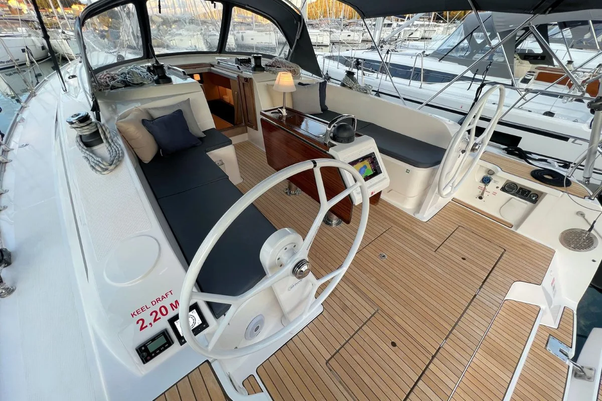 Cockpit of Panda IV, a Bavaria Cruiser 46 sailboat at Grad Pula, Croatia