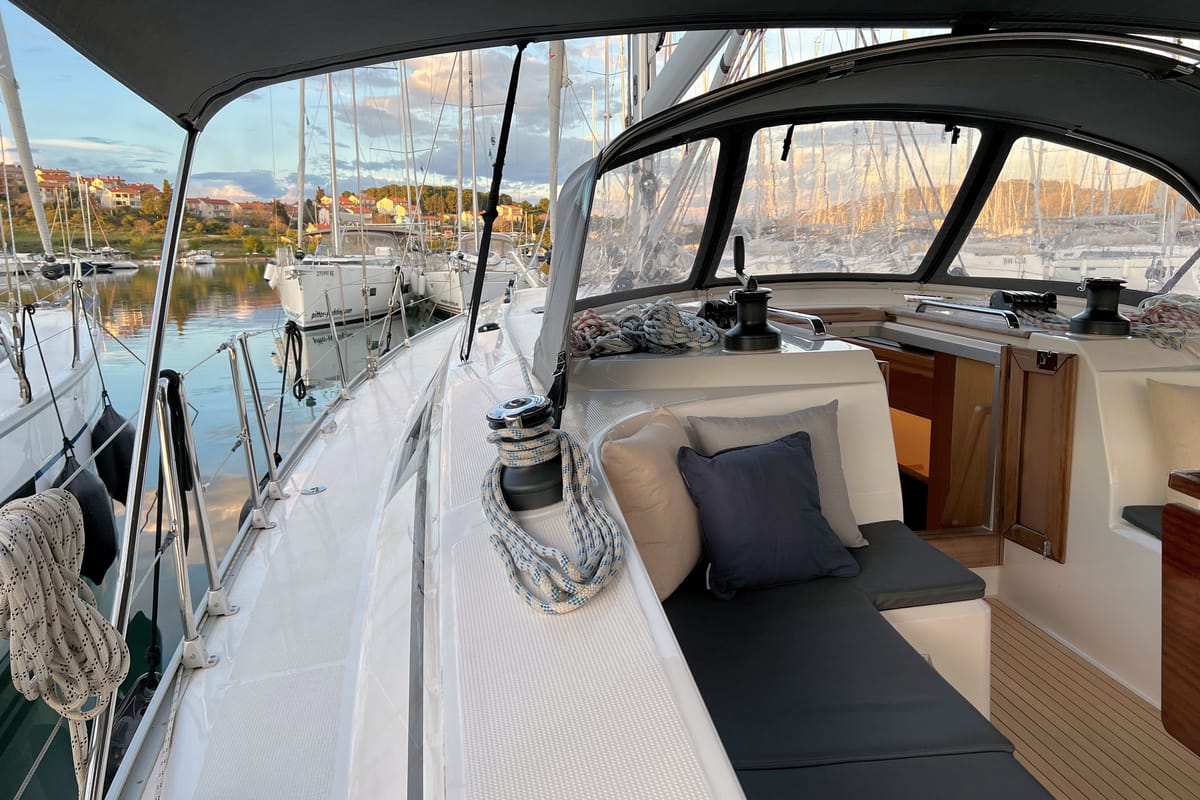 Deck of Panda IV, a Bavaria Cruiser 46 sailboat at Grad Pula, Croatia