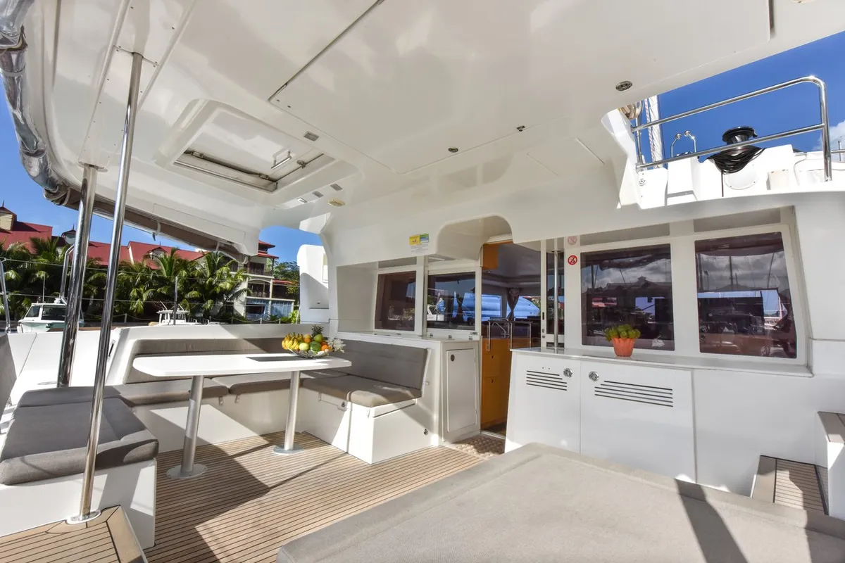 Deck of Muzikal, a Lagoon 450 catamaran at Krishna nagar village, India