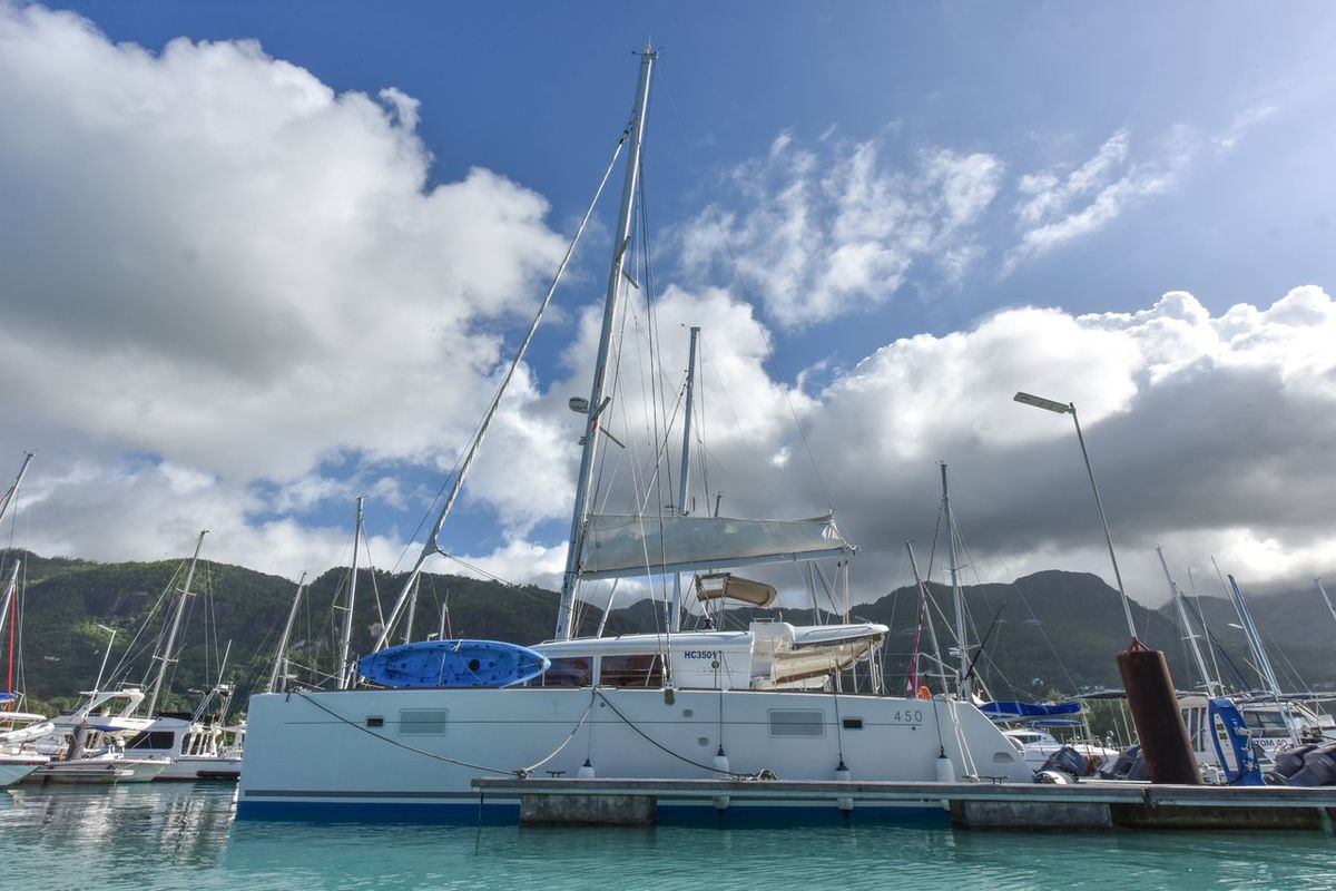 Exterior view of Muzikal, a Lagoon 450 catamaran at Krishna nagar village, India