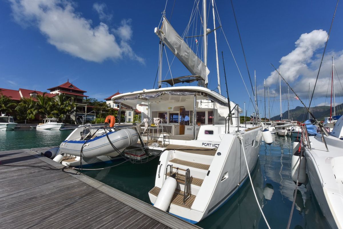 Exterior view of Muzikal, a Lagoon 450 catamaran at Krishna nagar village, India