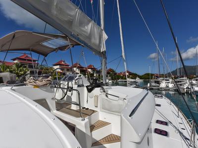 Cockpit of Muzikal, a Lagoon 450 catamaran at Krishna nagar village, India