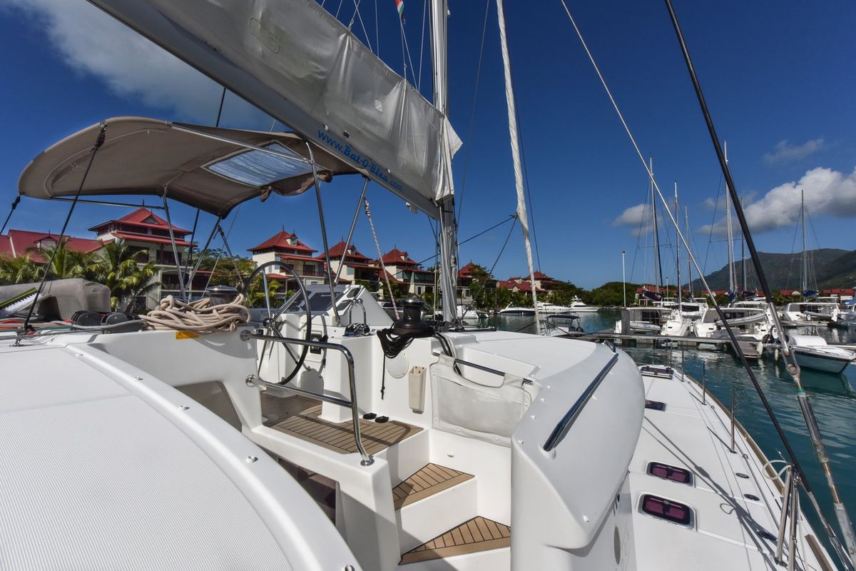 Cockpit of Muzikal, a Lagoon 450 catamaran at Krishna nagar village, India