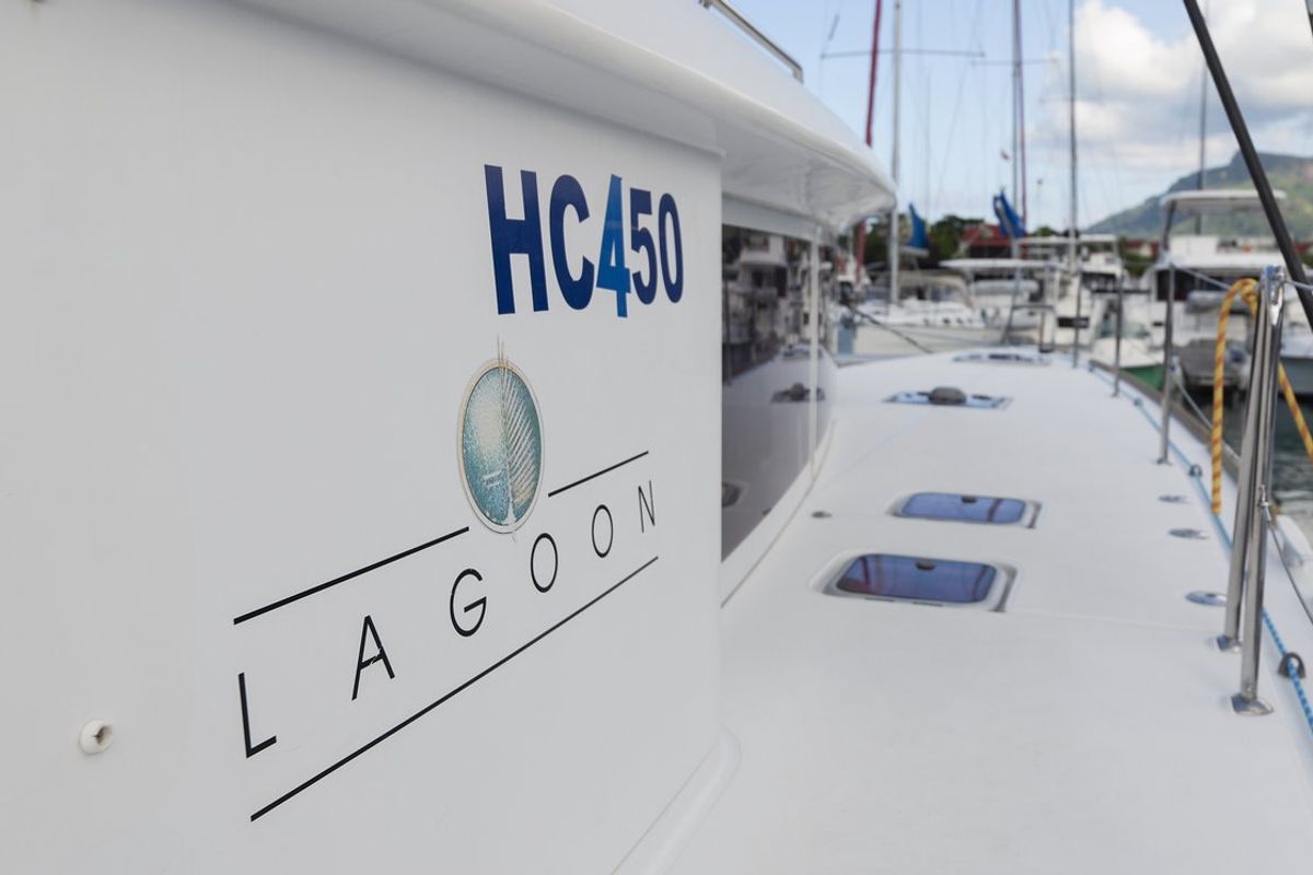 Exterior view of Muzikal, a Lagoon 450 catamaran at Krishna nagar village, India