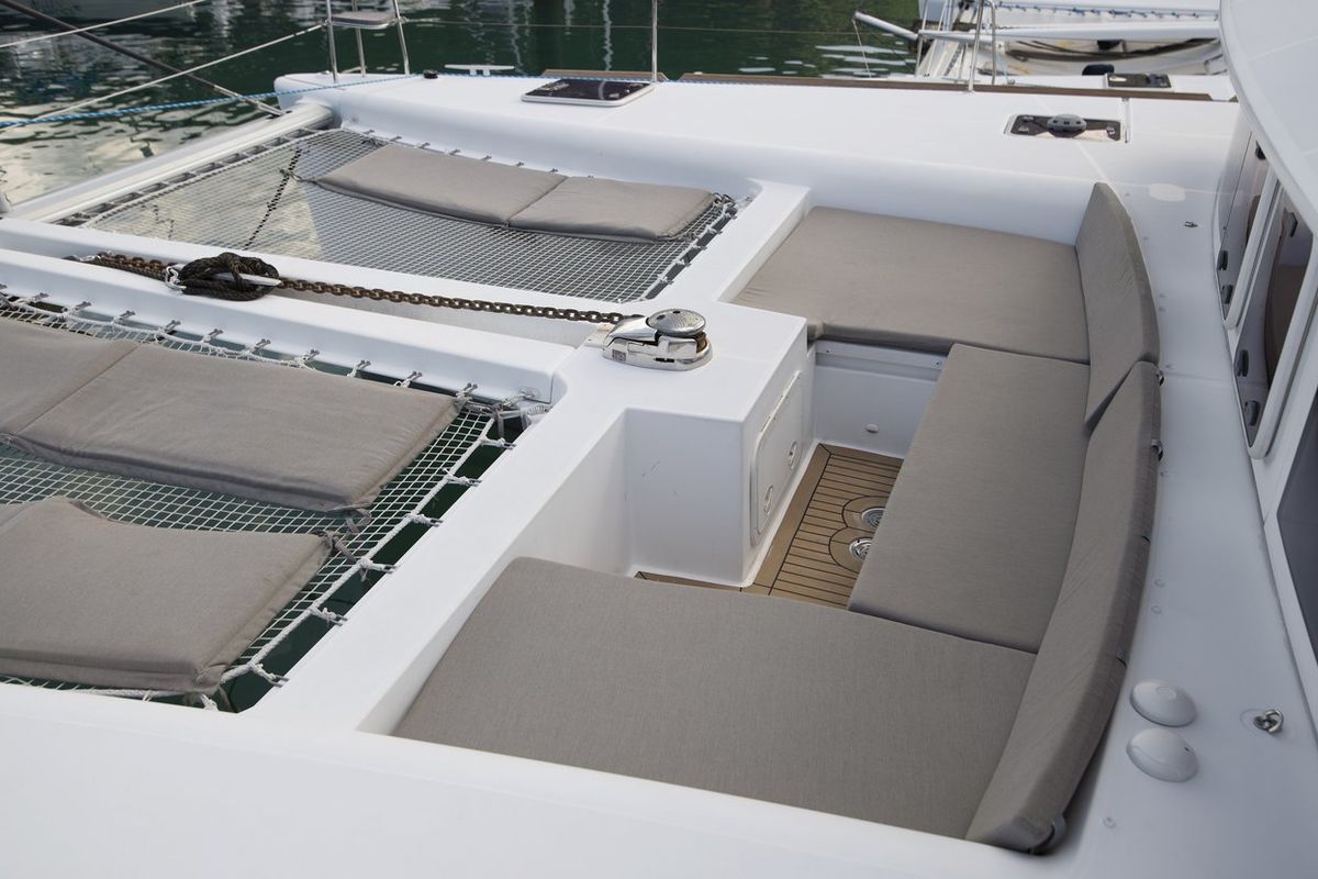 Deck of Muzikal, a Lagoon 450 catamaran at Krishna nagar village, India