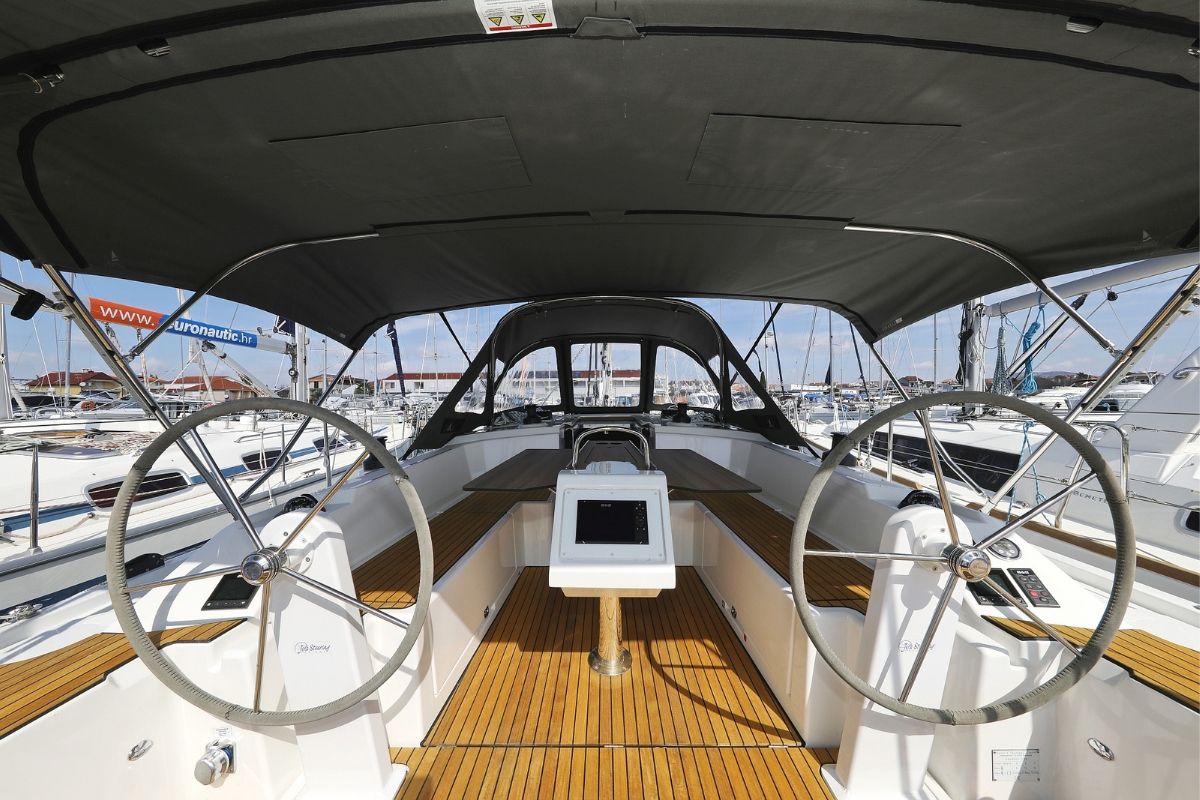 Cockpit of Lea, a Bavaria C38 sailboat at Pirovac, Croatia