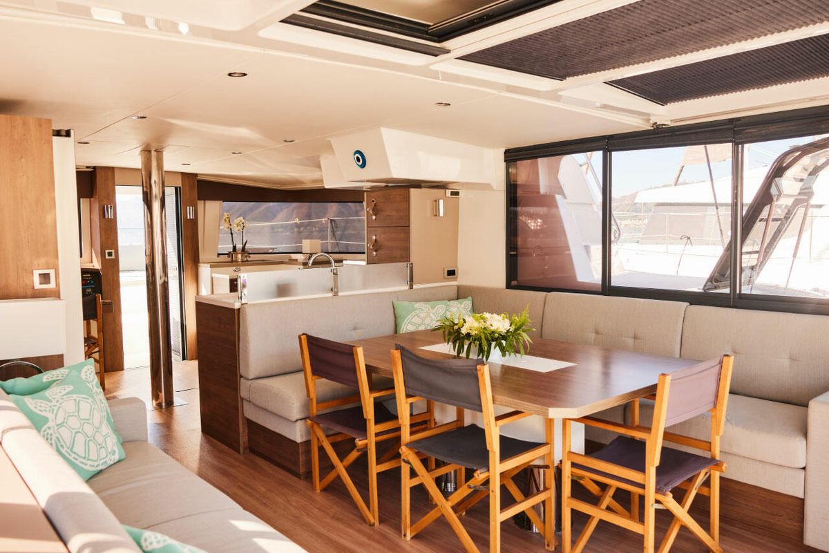 Salon of Ediba Virgo, a Bali 4.8 catamaran at Marmaris, Turkey