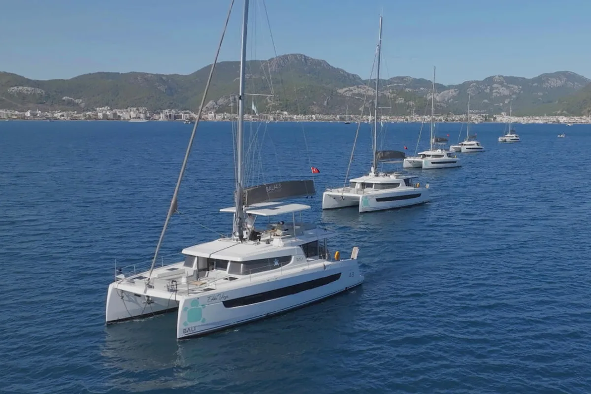 Exterior view of Ediba Virgo, a Bali 4.8 catamaran at Marmaris, Turkey