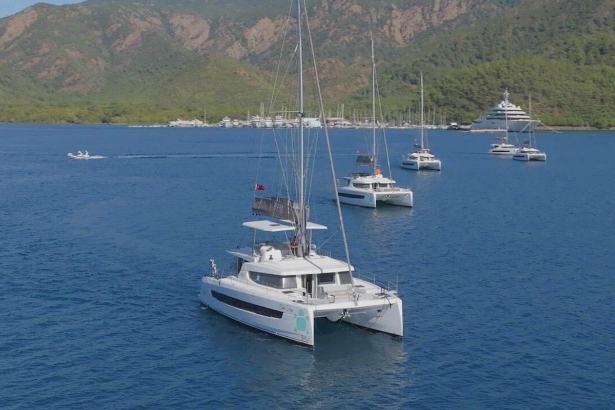 Exterior view of Ediba Virgo, a Bali 4.8 catamaran at Marmaris, Turkey