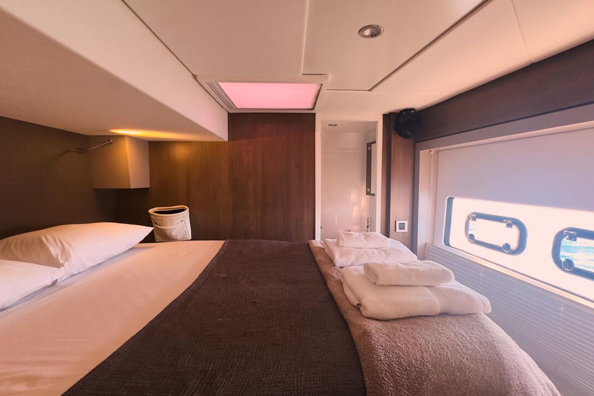 Cabin on Ediba Virgo, a Bali 4.8 catamaran at Marmaris, Turkey
