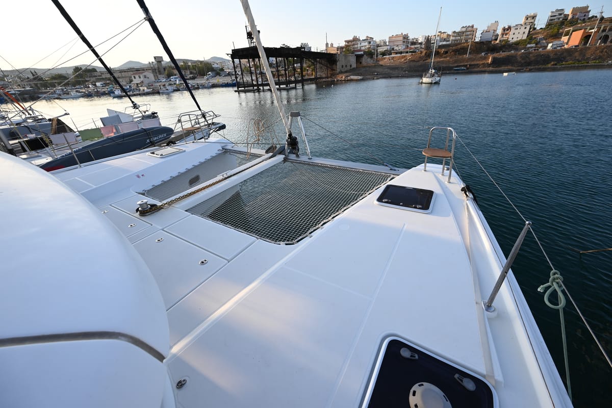Deck of Alberta, a Lagoon 42 catamaran at Municipal Unit of Lefkada, Greece