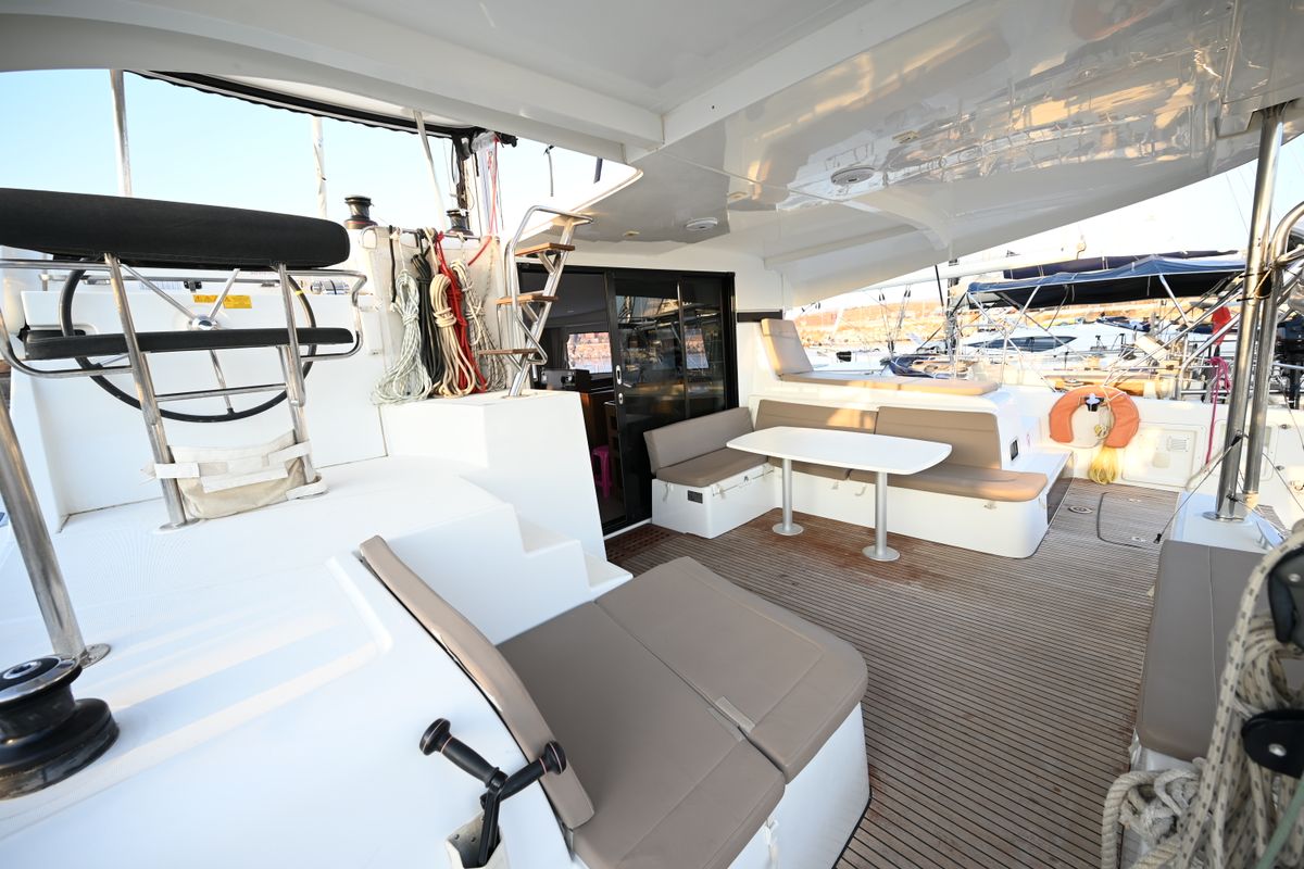 Deck of Alberta, a Lagoon 42 catamaran at Municipal Unit of Lefkada, Greece
