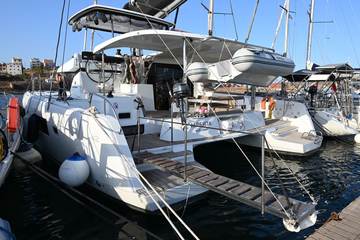Exterior view of Alberta, a Lagoon 42 catamaran at Municipal Unit of Lefkada, Greece