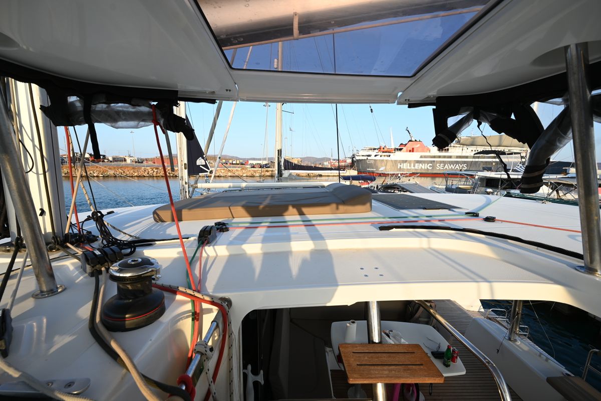 Deck of Alberta, a Lagoon 42 catamaran at Municipal Unit of Lefkada, Greece