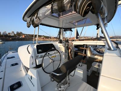 Cockpit of Alberta, a Lagoon 42 catamaran at Municipal Unit of Lefkada, Greece