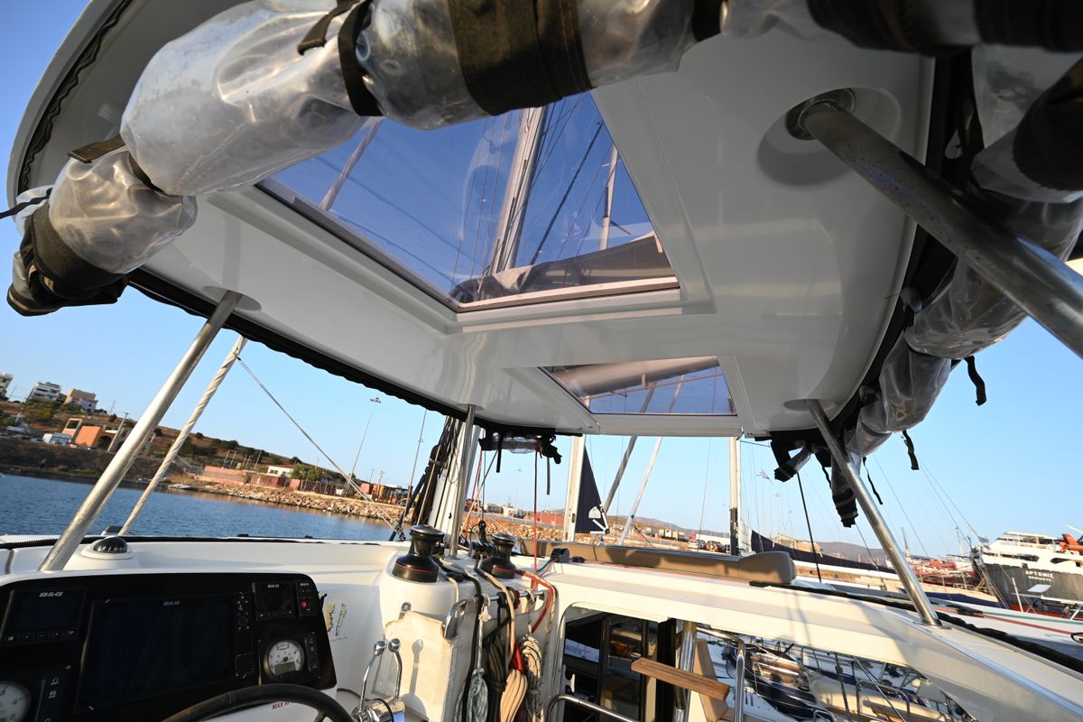 Cockpit of Alberta, a Lagoon 42 catamaran at Municipal Unit of Lefkada, Greece