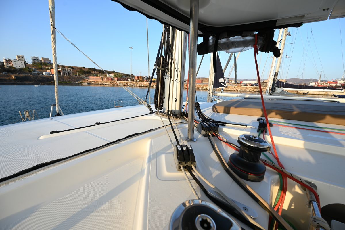 Deck of Alberta, a Lagoon 42 catamaran at Municipal Unit of Lefkada, Greece