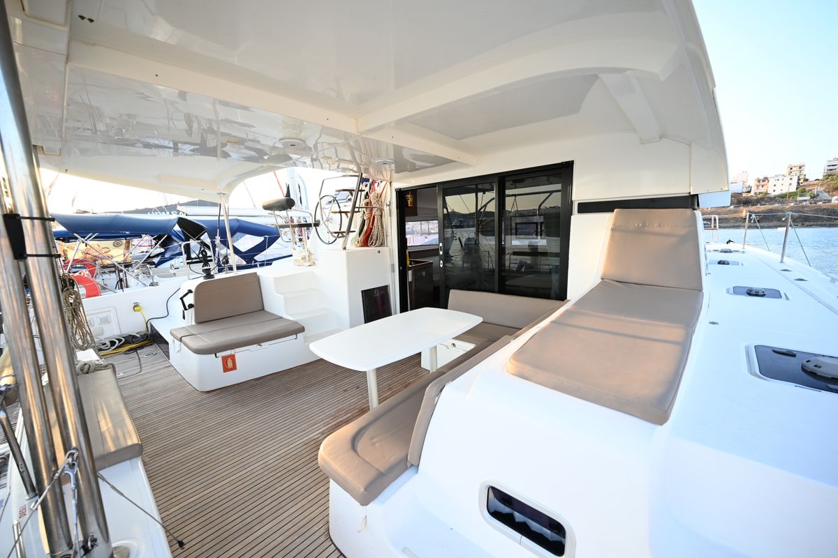 Deck of Alberta, a Lagoon 42 catamaran at Municipal Unit of Lefkada, Greece