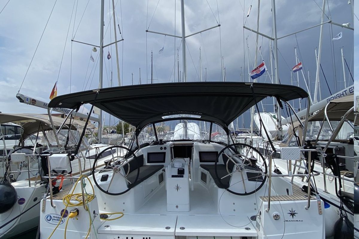 Cockpit of Night Elli, a Jeanneau Sun Odyssey 410 sailboat at Grad Trogir, Croatia